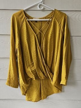 Alythea Mustard Wrap-Front Long Sleeve Blouse with Crisscross Neck